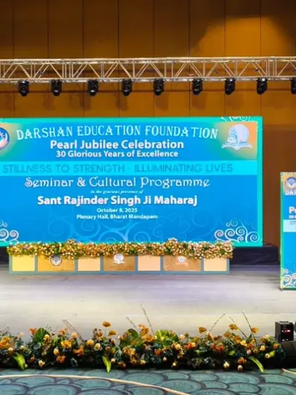 We manage large-scale institutional events with precision. This wide view of the Darshan Education Foundation's jubilee celebration showcases a comprehensive setup, including a main stage with multiple LED screens, extensive seating arrangements, and full audio-visual integration.