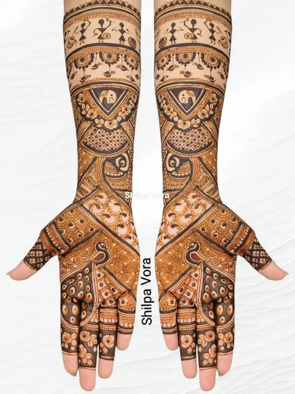 The Warli bridal design on a clean white background, emphasizing the unique blend of folk art and classic henna.