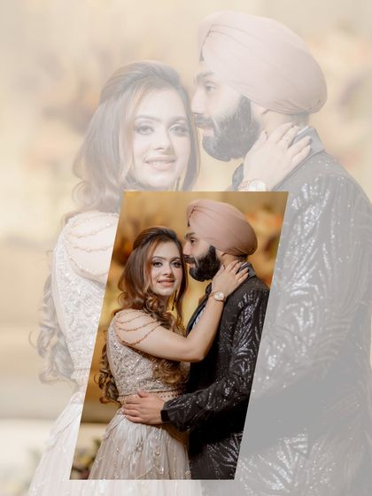 A creative double-exposure portrait of the couple. The central image is sharp and intimate, while the faded overlay adds a dreamy, ethereal quality to their engagement photo.