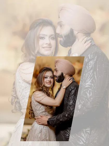 An artistic, layered portrait of Simran and Sanjit. The soft overlay effect adds a dreamy and romantic quality to their engagement photo.