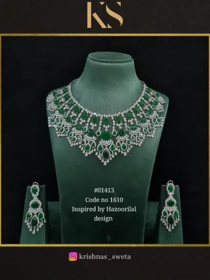 The classic emerald green version of our Hazoorilal-inspired American diamond set. This is a timeless piece that will never go out of style.