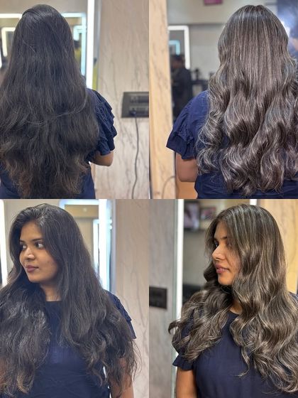 The complete before and after of the creamy ash transformation. The change is dramatic yet looks incredibly natural.