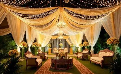 This outdoor lounge setup features elegant drapery and lighting for a sophisticated evening event. We used a combination of warm fairy lights and chandeliers to create an intimate and comfortable seating area for guests.