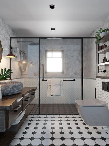A serene bathroom oasis with earthy elegance, featuring a natural stone sink on a live-edge wood vanity and black-and-white octagonal floor tiles.