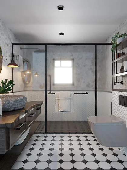 A serene bathroom oasis with earthy elegance, featuring a natural stone sink on a live-edge wood vanity and black-and-white octagonal floor tiles.