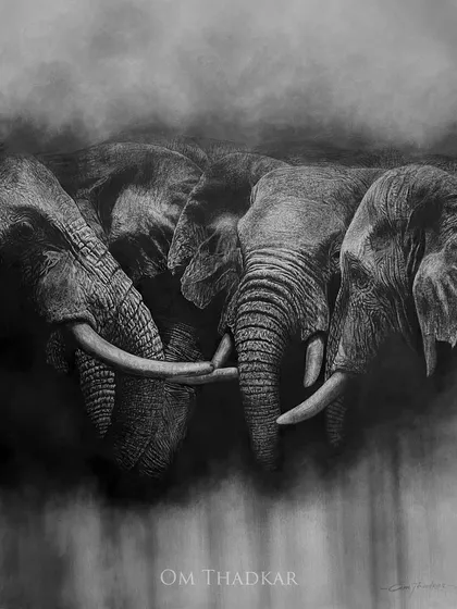 This piece depicts the strong social bonds within an elephant herd. The intertwined trunks and close grouping convey a sense of unity and communication, rendered with soft charcoal to create a misty, atmospheric effect.