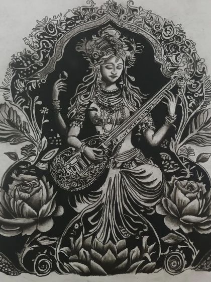 A detailed charcoal drawing of the goddess Saraswati, created by my 14-year-old student Aryan. He has blended traditional iconography with a modern, graphic style.