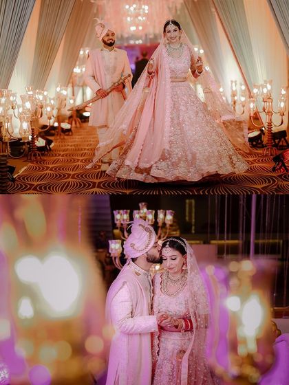 A collage showing the couple's grand entrance and an intimate kiss. This captures both the public celebration and the private connection of the wedding day.