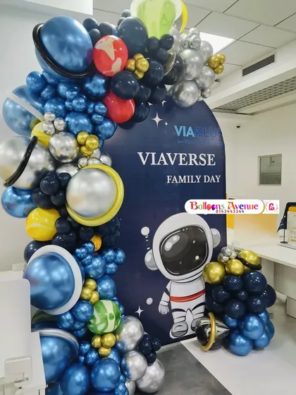 Another shot of the space-themed balloon arch for the Viaverse Family Day, showing the intricate details of the planet balloons.