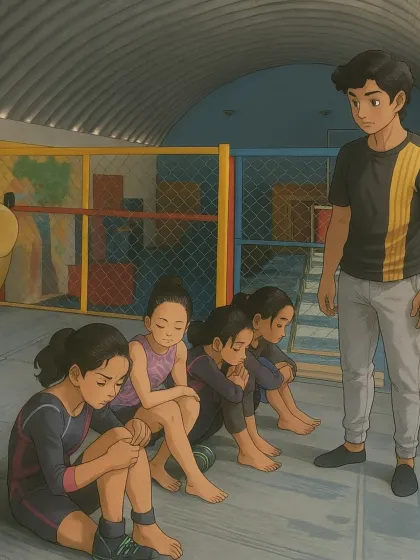 A quiet moment of focus. This artwork portrays our gymnasts during a group meditation, highlighting our emphasis on mental preparation and mindfulness.