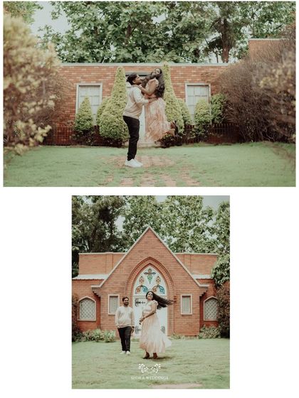 A collage showing the couple in front of a charming, chapel-like building, capturing both playful and romantic poses.