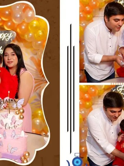 A family photo collage showing a posed portrait by the cake and candid shots of the cake cutting ceremony with the parents and older brother.
