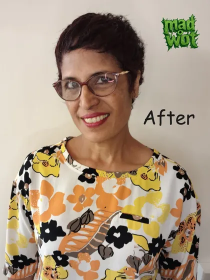 "Christmas is already here and my hair isn't," she said. I gave Sarita a fresh, easy-to-manage pixie cut that completely transformed her look and brought out her incredible smile. This is the 'after', pure joy.