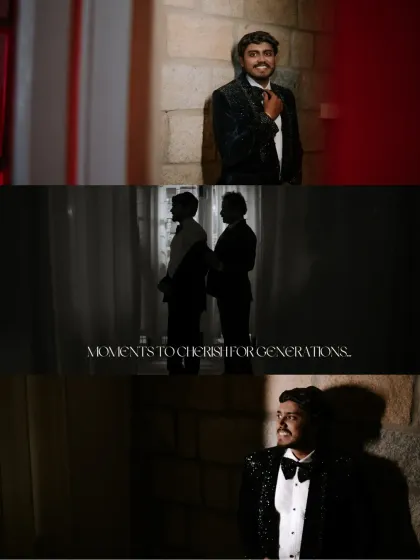 A collage of the groom's portraits, capturing his stylish reception look from different angles. The dramatic lighting and shadows create a cinematic feel.