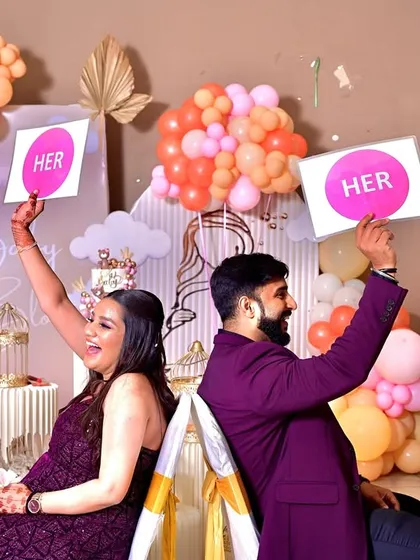 A fun moment from the baby shower games. Our decor serves as the perfect backdrop for capturing these candid and joyful memories.