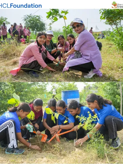 The joy of planting. Schoolgirls, guided by a volunteer, carefully place a sapling into the earth, their smiles reflecting the positive impact of their work.