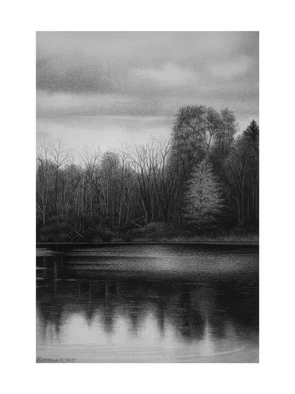 Beyond objects and portraits, I find immense peace in drawing landscapes. This piece, "The Truth," is a pencil and charcoal drawing where I focused on creating a moody atmosphere and capturing the reflection on the water.