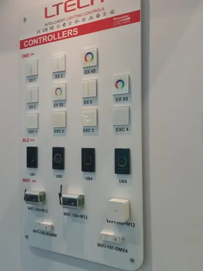A display of intelligent lighting controllers, including DMX, BLE, and WiFi-enabled switches for smart home and commercial automation.