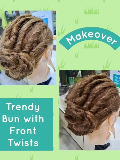 A trendy bun with front twists, shown on a mannequin. This modern updo combines a classic bun with stylish twists at the front for a contemporary look.