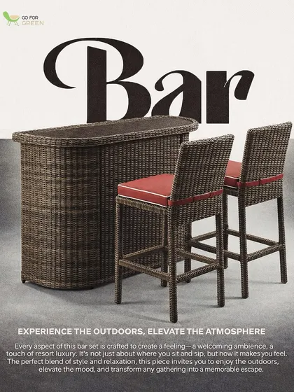 Elevate your outdoor entertaining with a dedicated bar setup. This wicker bar counter and matching high-stools create an instant welcoming ambiance, turning any gathering into a memorable escape with a touch of resort luxury.