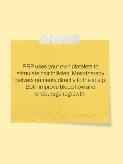 This explains the fundamental mechanisms of my two primary hair restoration treatments. PRP uses your body's own platelets to stimulate follicles, while Mesotherapy acts as a direct nutrient delivery system to the scalp, with both promoting regrowth.