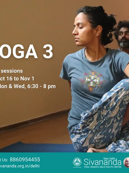 This is our Yoga 3 course, a continuation for those who have finished the foundation level. The student is in Ardha Matsyendrasana (Half Spinal Twist), refining their alignment and deepening the stretch.