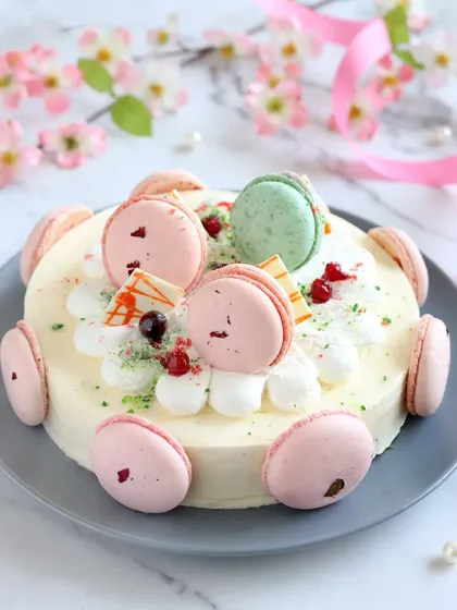 Celebrate in style with our vanilla cake adorned with fresh fruit jelly and delicate macarons. It's a light, flavorful, and beautiful option for any special event.