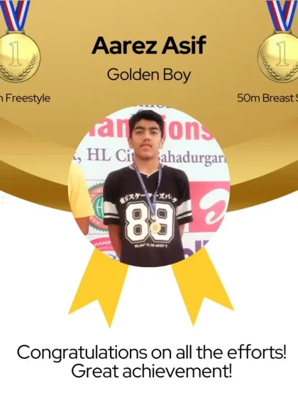 Aarez Asif, our golden boy, after winning two golds in 50m Freestyle and 50m Breaststroke at the Weekend Invitational Meet.