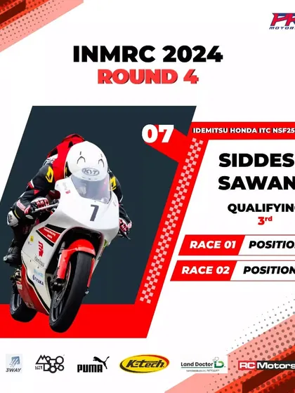The official results card for Siddesh Sawant from the Idemitsu Honda India Talent Cup, showcasing his back-to-back podium finishes with a P2 and P3.