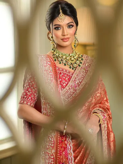 A beautifully framed shot that highlights the rich color and texture of the handloom saree.