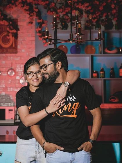 A playful and happy moment in the colorful kitchen set.