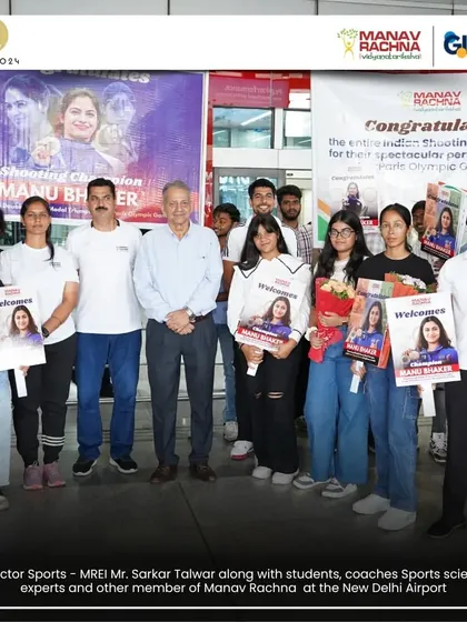 Our students with welcome signs for Olympic hero Manu Bhaker at the airport. Seeing national stars in person is a moment of profound inspiration for our aspiring athletes.