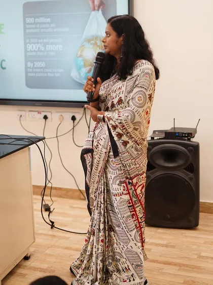 Our founder, Juhi, speaking to students about the impact of single-use plastics. The presentation highlights shocking statistics to drive home the urgency of reducing our plastic consumption for a healthier planet.