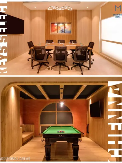 We design spaces that balance work and leisure. This project features a formal, wood-paneled conference room for focused meetings, alongside a dedicated recreational area with a pool table, demonstrating our ability to create multifaceted commercial environments.