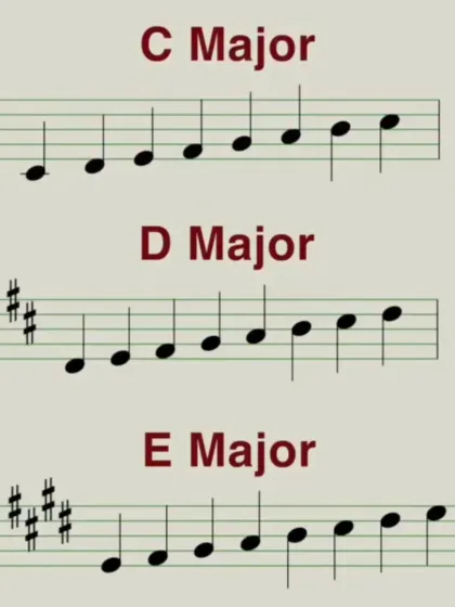 This visual aid shows the C Major, D Major, and E Major scales on the staff. We use these resources in our piano and harmonium classes to help beginners easily learn and practice their scales.