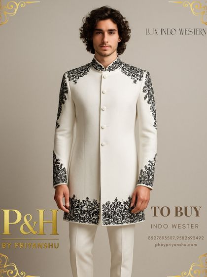 This pristine white Indo-Western suit is a vision of pure elegance. I used contrasting black thread for the intricate hand-embroidery on the shoulders, cuffs, and hem to create a bold, graphic statement.