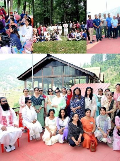 A collage showing our group during outdoor meditation sessions and excursions in the lush green forests of Dhanaulti, part of our Himalayan retreat.