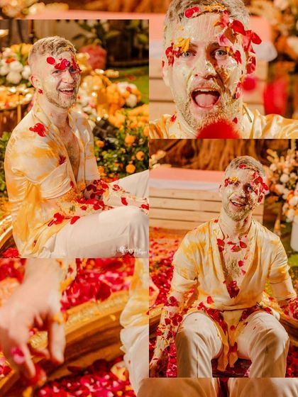 A collage showcasing the groom's playful and happy moments during the Haldi ceremony.