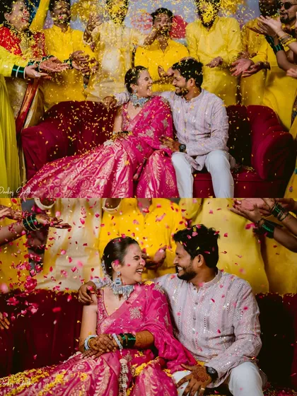 Surrounded by friends and a flurry of petals. This diptych captures the high-energy and happy atmosphere of Pratibha and Paresh's carnival-themed Haldi.