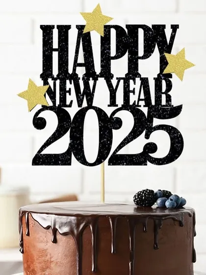 A bold "Happy New Year 2025" topper in black glitter with gold stars, a stylish way to ring in the new year.