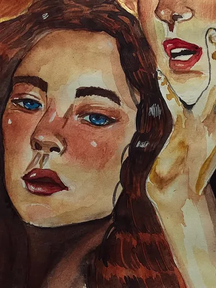 A detail shot of the 'trio' watercolor sketch, focusing on the leftmost figure and the rich, warm tones used.