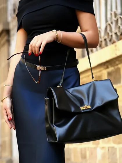 A close-up on the accessories, showing the handbag, belt, and glasses. This highlights how different products from a collection can be styled together.