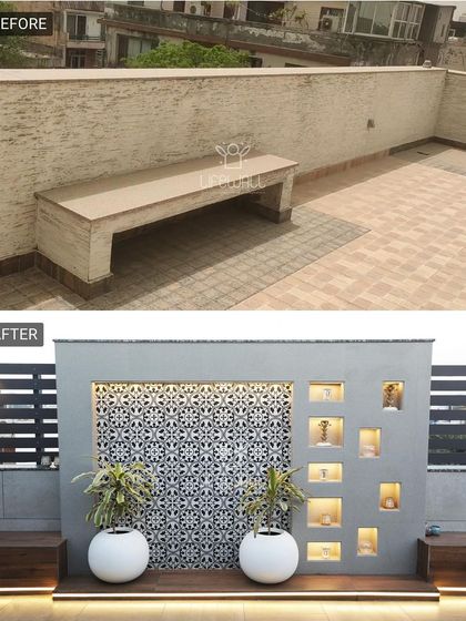 A simple bench against a plain wall is transformed into an elegant feature wall. The new design incorporates a beautiful jaali screen, illuminated niches for decor, and built-in seating with under-lighting.