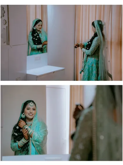 A collage showing the bride getting ready, looking at her reflection with a happy smile as she puts on her bangles.