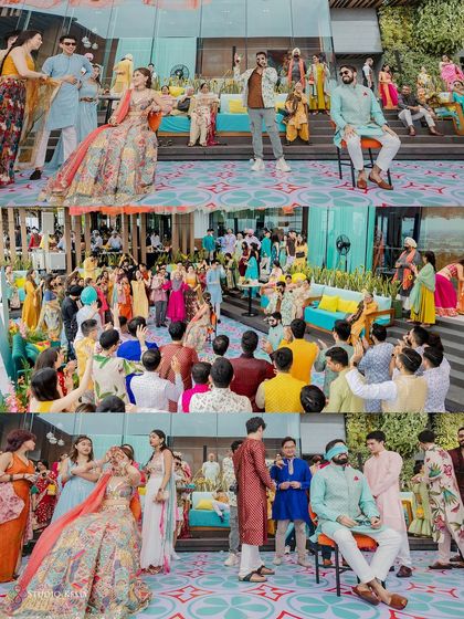 A collage showing the lively and interactive games and dancing that made the Mehendi ceremony in Bangkok so memorable.