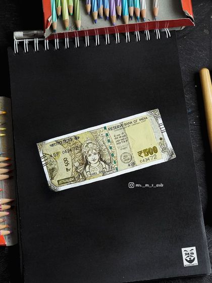 A miniature, hyper-realistic drawing of an Indian 500 rupee note, complete with the "Jai Shree Ram" inscription. This piece was made using color pencils and poster color on black paper.