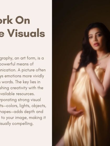 A powerful maternity portrait with a golden satin drape, demonstrating how to work with visuals and textures.