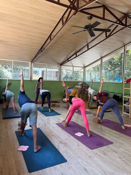 A group of members moving together in a triangle pose, creating a beautiful, unified energy in the RISING studio.