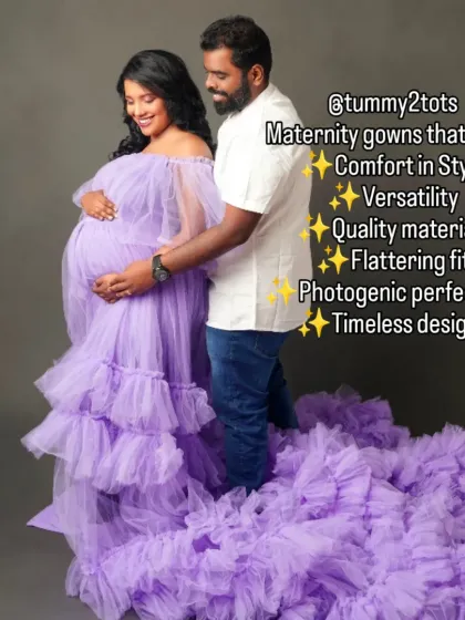 This image highlights the key features of our lavender gown: comfort, versatility, and a flattering fit, perfect for couple's photoshoots.