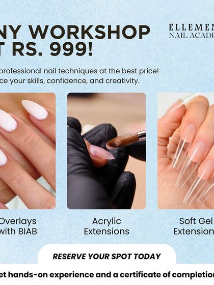 Upskill on your own terms. For just Rs. 999, you can reserve a spot in any of our targeted workshops, including Overlays with BIAB, Acrylic Extensions, or Soft Gel Extensions, and receive a certificate upon completion.